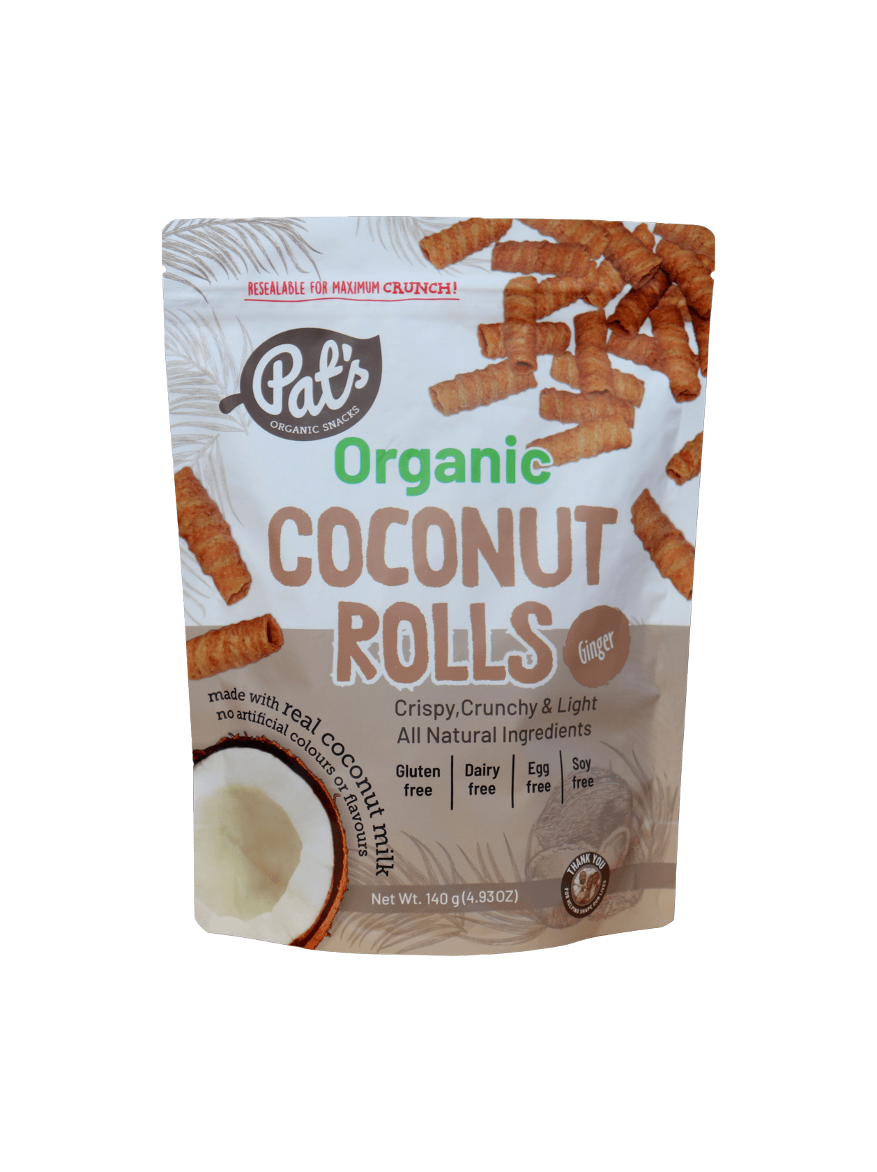 Pats Organic Coconut Rolls Ginger 140g